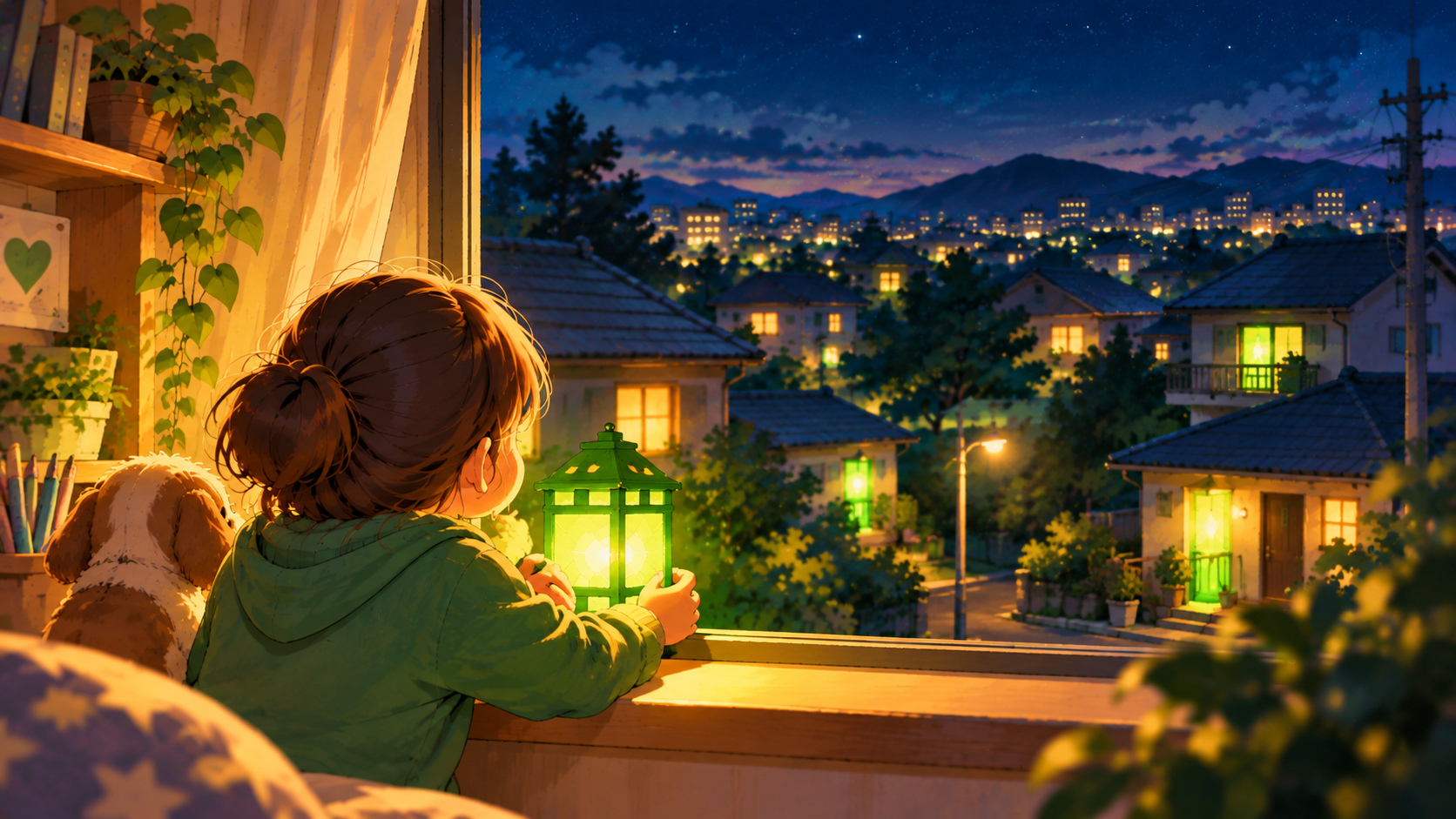 窓辺で緑のランタンを灯す子どもと、緑の光がともる日本の住宅街を描いたイラスト